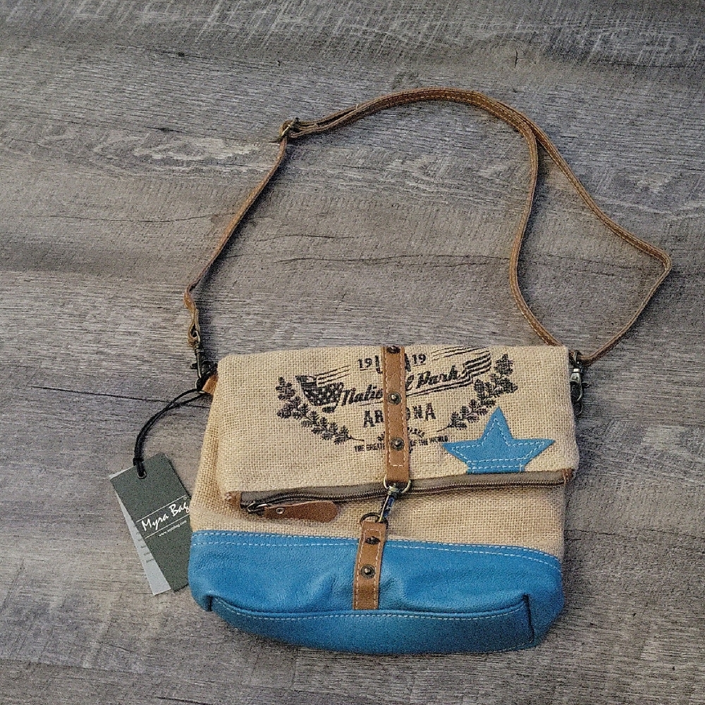 NWT Myra Bag Blue and Tan Grand Canyon Foldover Market Crossbody